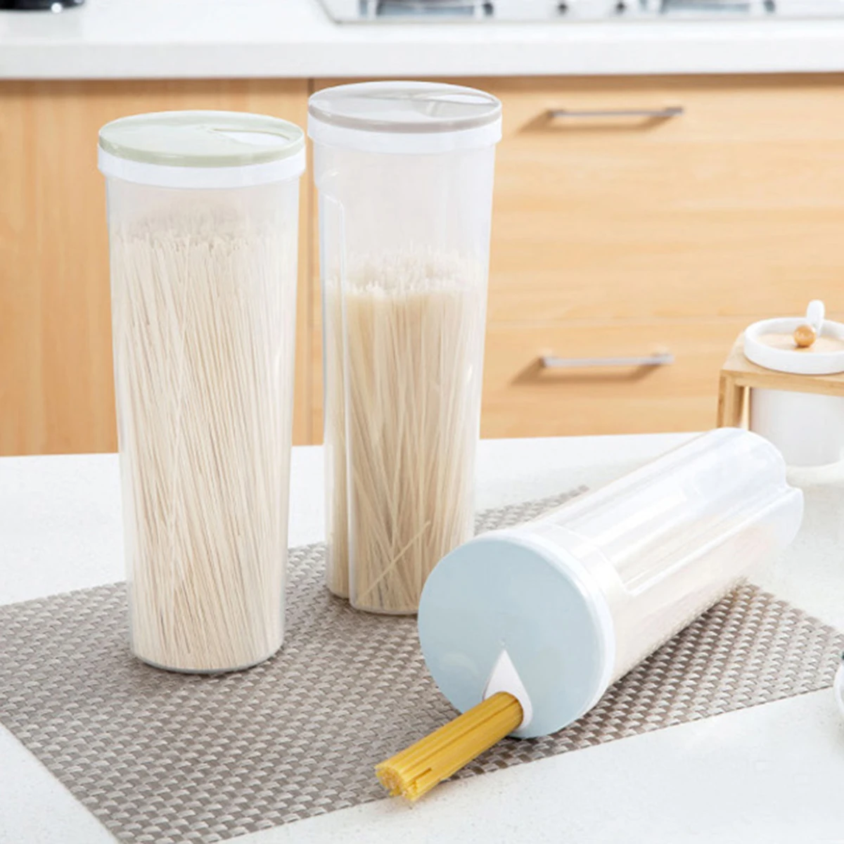 

Plastic Food Storage Container Spaghetti Noodles Jar Clear Airtight Box For Grains Cereal Nuts Beans Rice Coffee Tea Light Blue