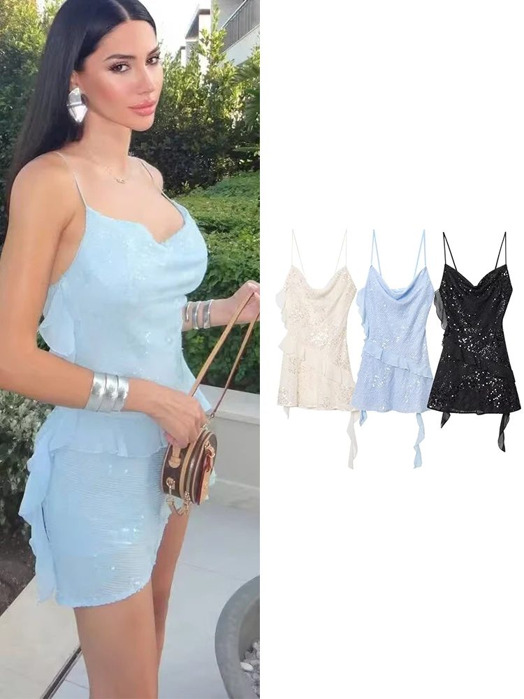 TFMLN New Women Sequins Sling Tiered Short Dress High Street Temperament Slim Fit Partywear Elegant Shinny Mini Dresses Lady