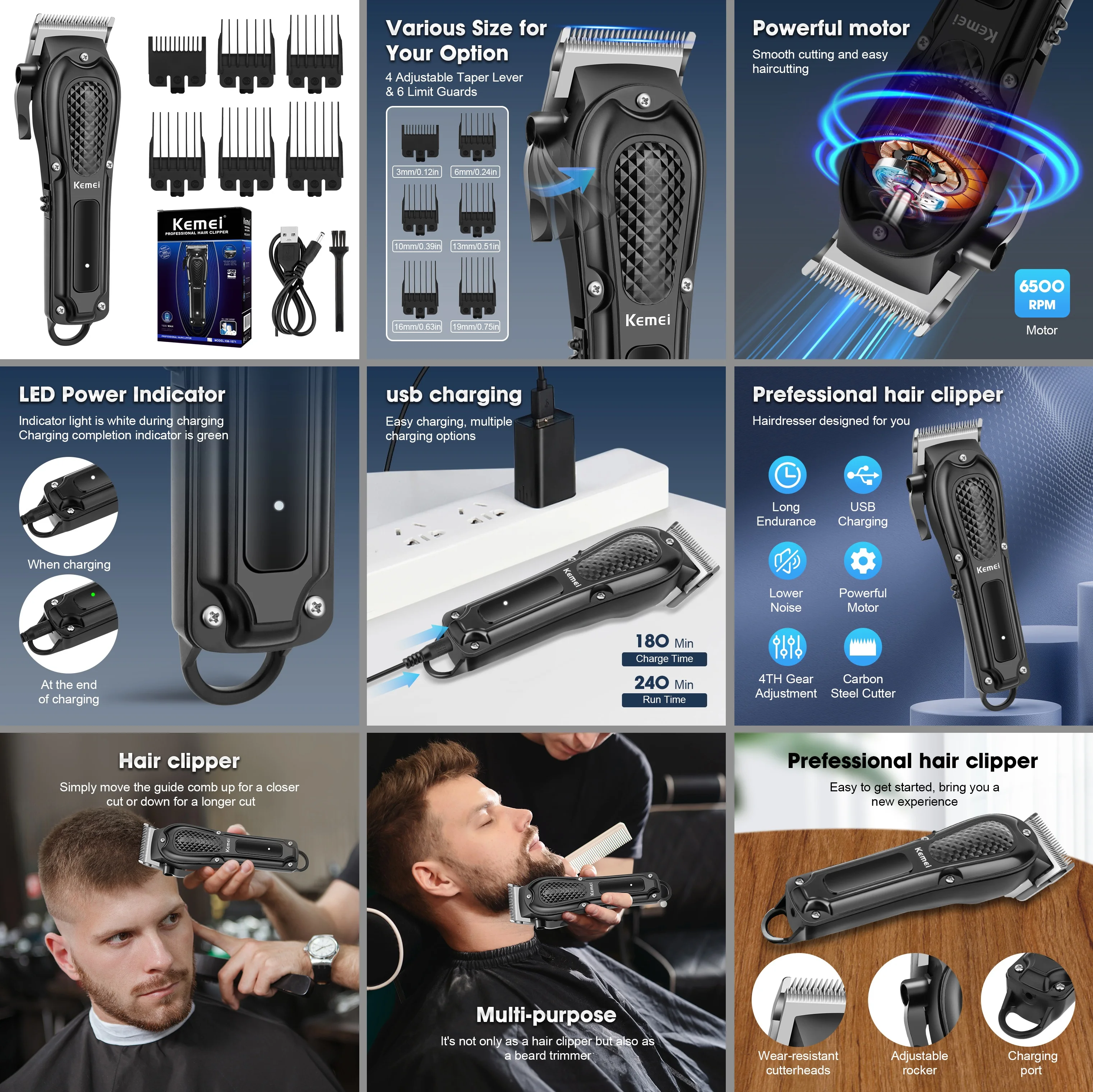 

Kemei Electric Hair Clipper UBS Rechargeable Cordless Beard Trimmer Men Powerful Electric Hair Clipper Trimming Tool KM-1071