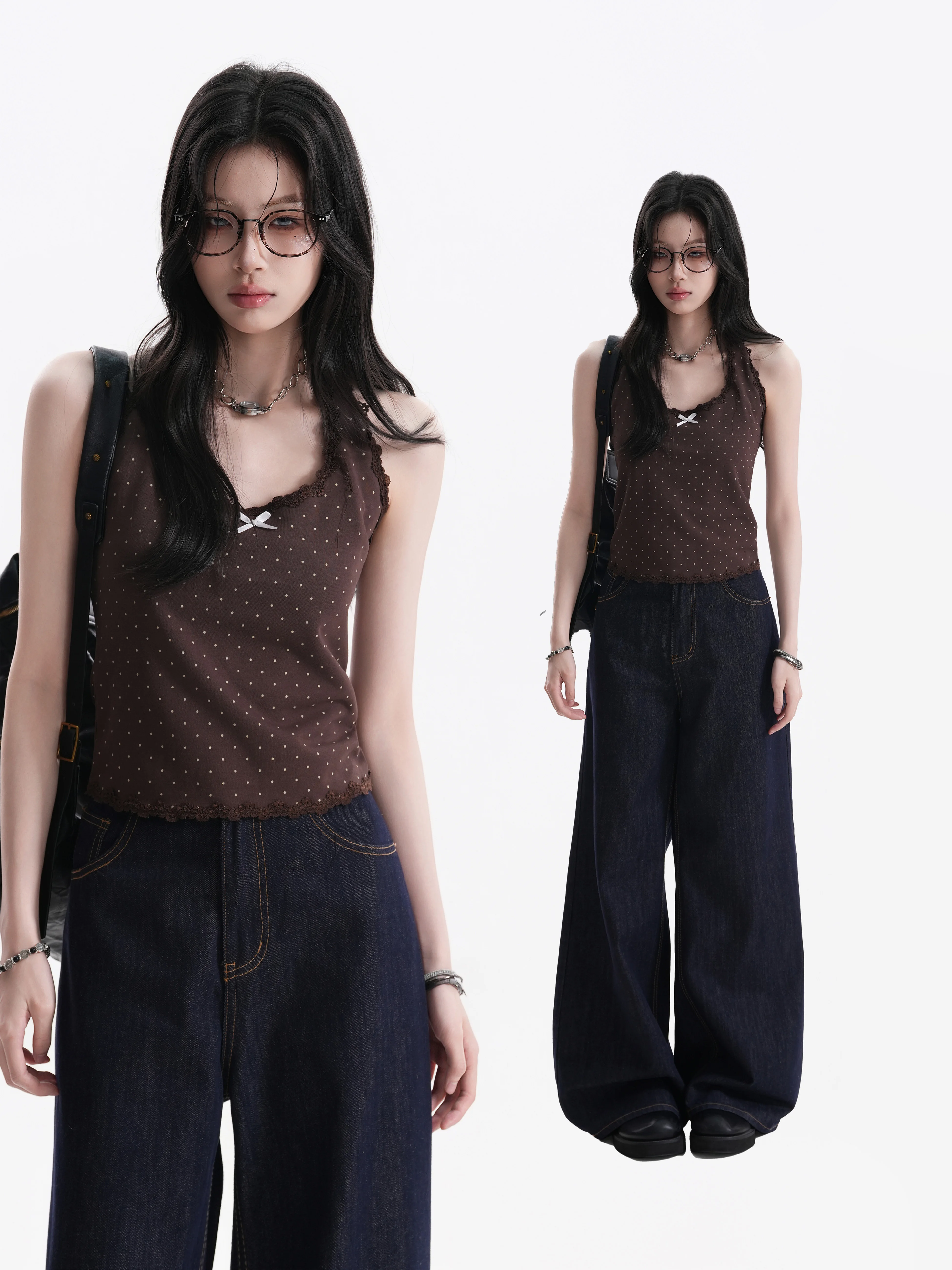 Cleanfit Korean Style Polka Dot Color Block Strap Vest Slim Fit T-Shirt Summer Sexy U Neck Cotton 100% Print Moisture Wicking