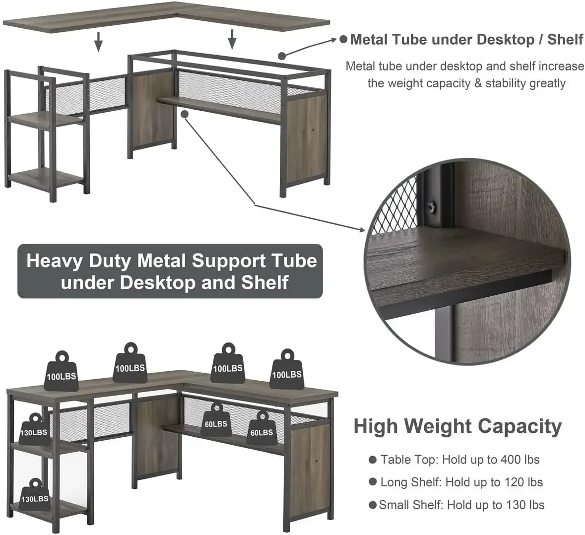 FATORRI L Shaped Computer Desk, Industrial Home Office Desk with Shelves, Reversible Wood and Metal Corner Desk (Walnut Brown, 5