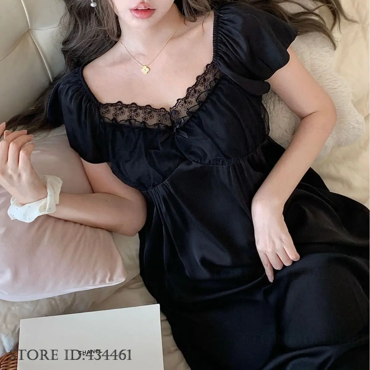 Sweet French Women's Nightgown Home Dressing Gown Sexy Patchwork Lace Nightdress Loungewear Silky Satin Sleepwear Nightwear - view 3