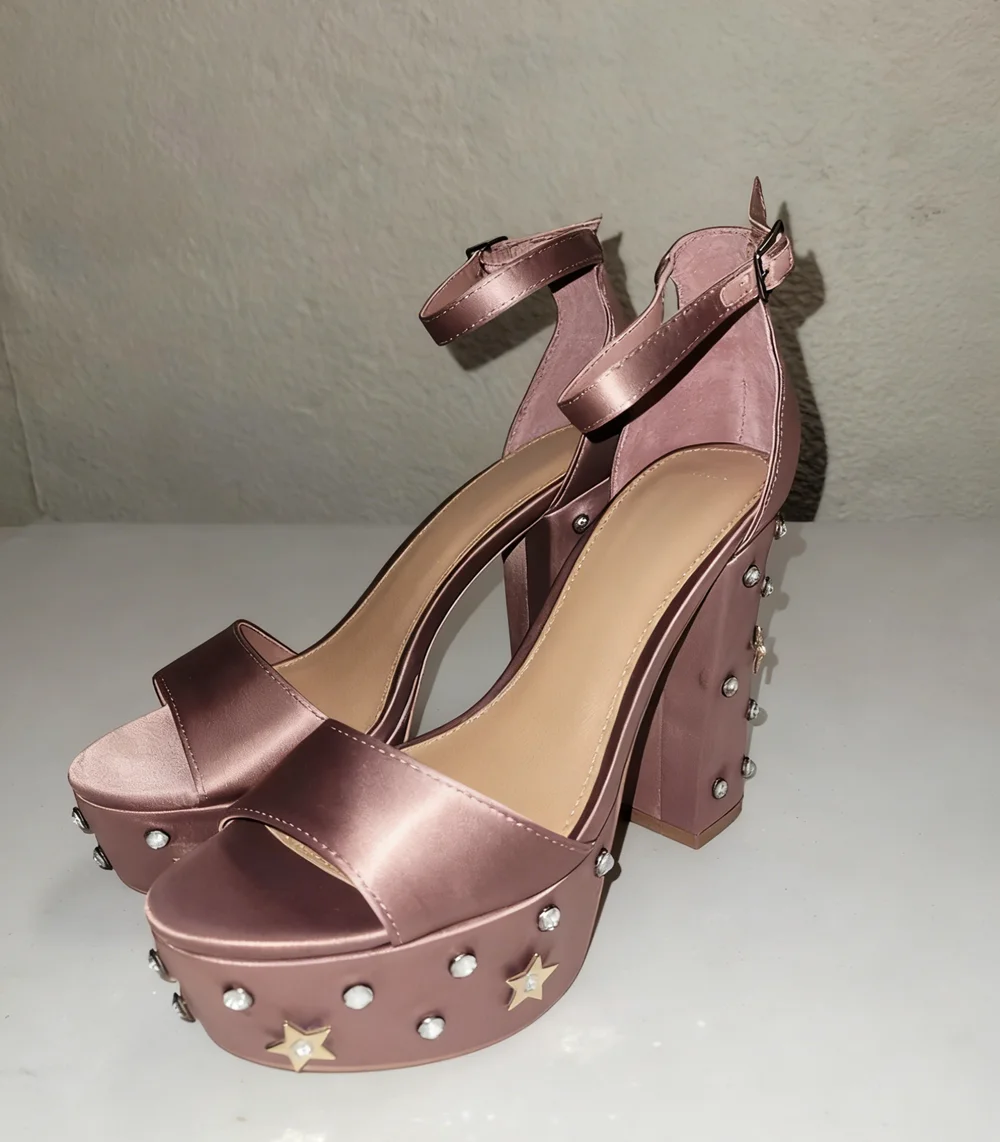 Dusty Rose Leather Platform Heels Star Crystal Decorations Chunky Block Heel Ankle Strap Open-Toe Design Sweet Style Sandals