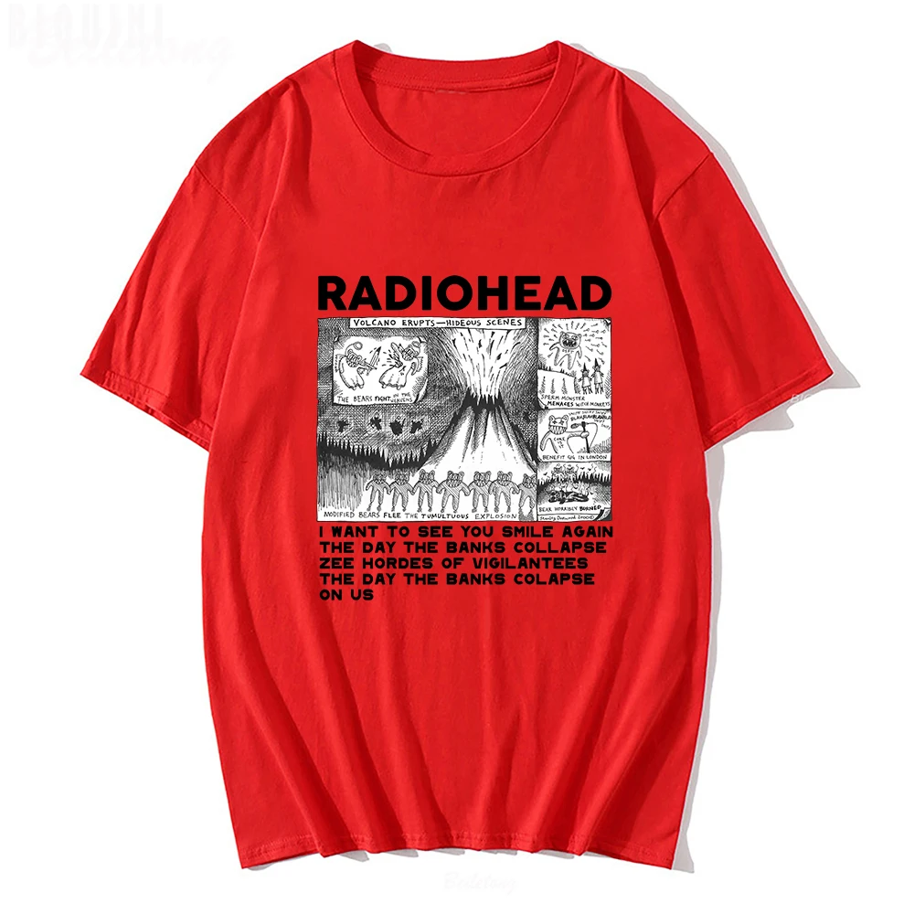 Radiohead Vintage Print T Shirt Mens Oversized 100% Cotton Unisex T-shirts Hip Hop Rock Band Music Album Tees Harajuku Male Tops