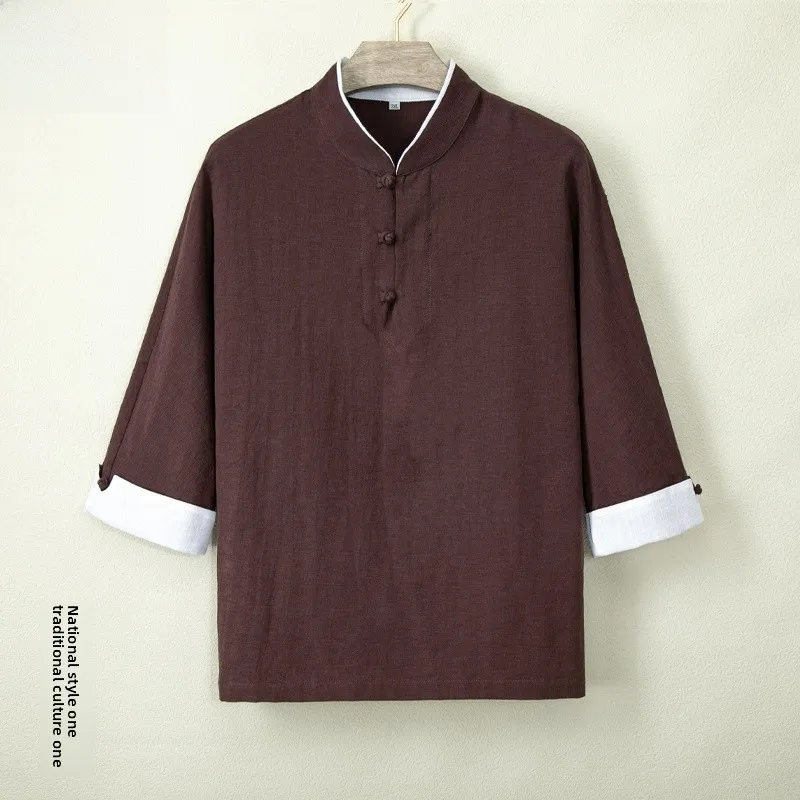 

Retro Chinese Sle ort Sve T-irt Summer Lightweight Casual Loose Fit Monocomatic f Sve Monastic Wear for Men