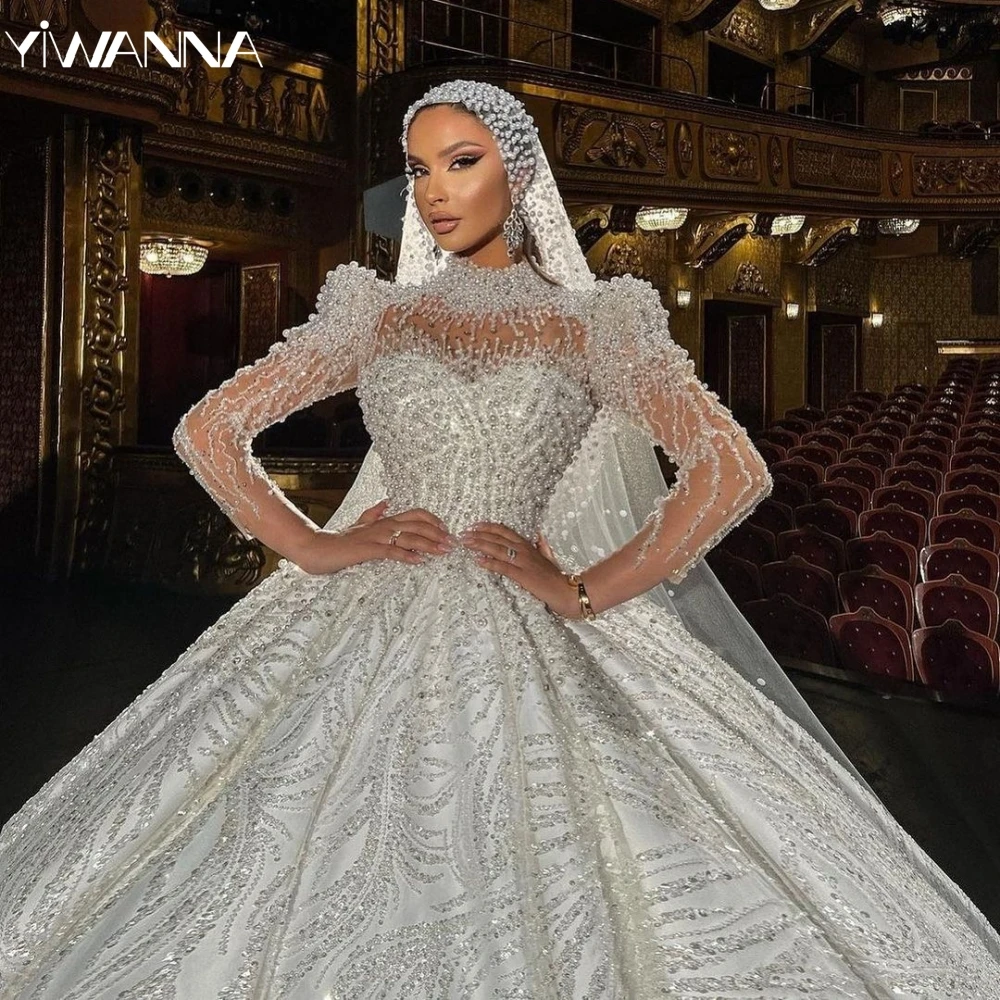 

Muslim High Collar Long Sleeve Wedding Dress Luxury Beads Pearls Bridal Gown 2025 New Customized Ball Gowns Dresses For Bride