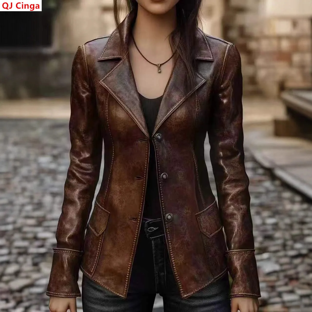 Women's Retro PU Coat for Fall, Brown Single-Breasted V-Neck Faux Leather Jacket, Stylish Biker Top Blazers.