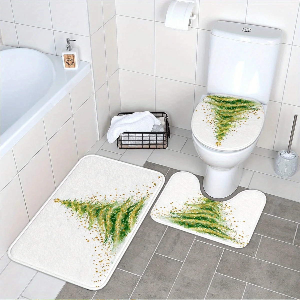 

Christmas Bathroom Mat 3pcs Set, Watercolor Golden Decorative Christmas Tree, 3pcs Bathroom Bath Mat, Kitchen Bathroom Bedroom W