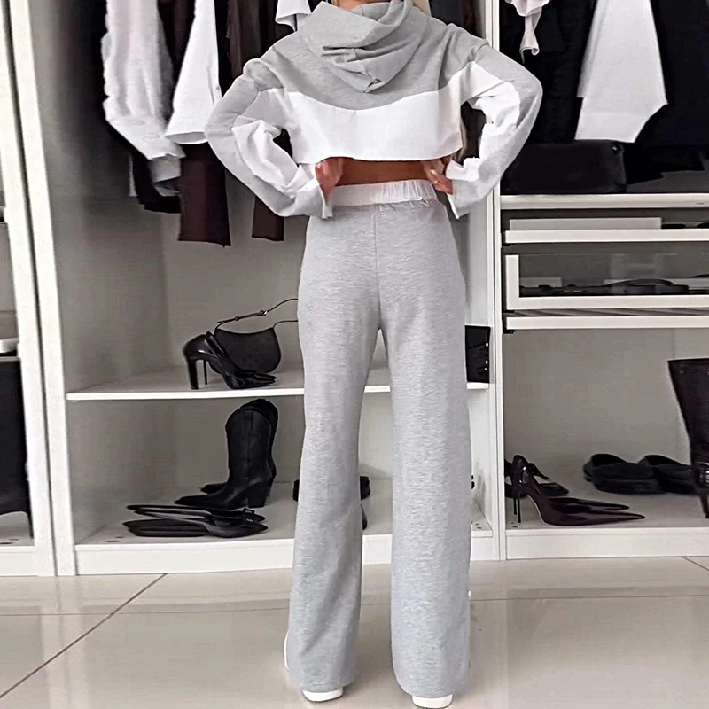 Casual Color Block Two Piece Set Women Fall Crop Top Hooded Sweatshirt Tie-up Split Pant Outfit Winter Long Sleeve Straight Suit