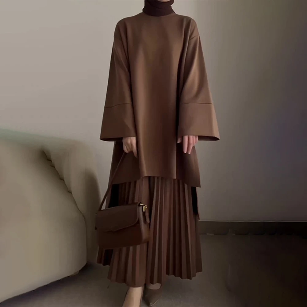 طقم نسائي خريفي أنيق بأكمام طويلة وتنورة مطوية على شكل حرف A مكونة من قطعتين