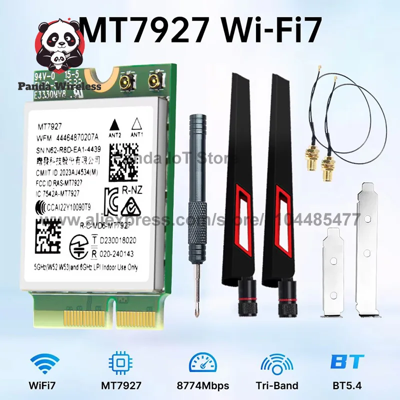 WiFi 7 MT7927 M.2 Tri-Band 2.4G/5G/6GHz Wireless Network Adapter Card with BT5.4 Antenna Desktop Kit for Win11