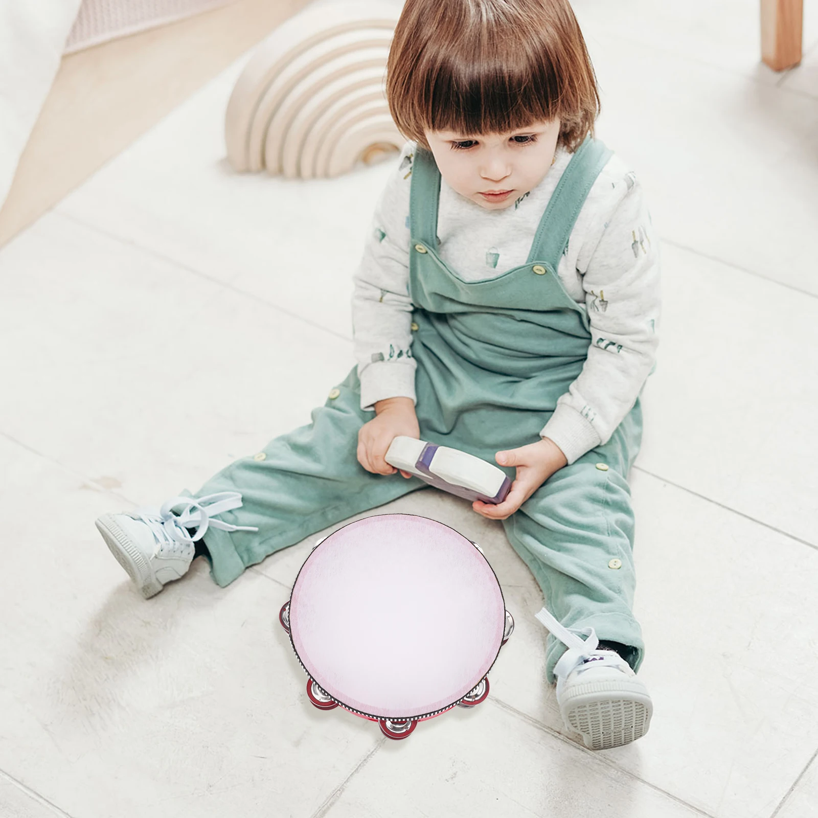 

8 Inch Tambourine Handheld Musical Instrument Double Row Bells Shaker Red Kids Educational Percussion Hand Drum