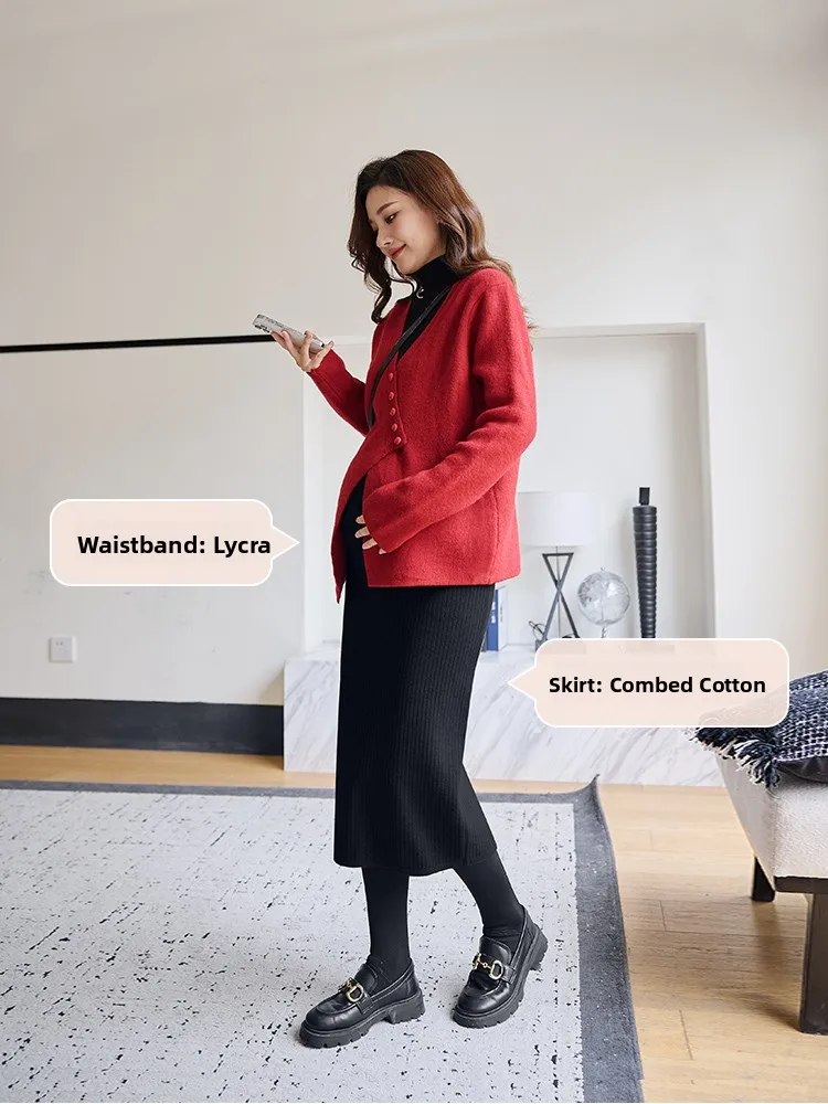 

Materni Winter Outfit Knitted Skirt And Top Set Women's High Waist Straight Cut Long Skirt Korean Sle Commute Pure Color