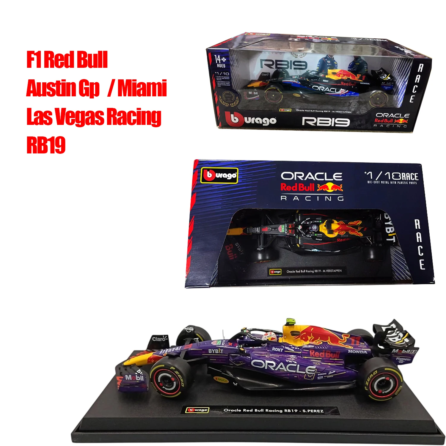 BBURAGO - Modelo de Auto de Carreras de Aleación Red Bull RB19 a Escala 1:18 - Elige Tu Estilo - Austin GP Miami Las Vegas