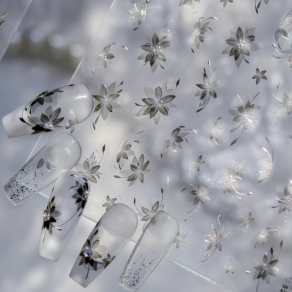 

Chic Botanical Flower 5D Nail Art Sticker Black White Sheer Floral Gold Stamping Blooming Petal Charming Adhesive Manicure Decal