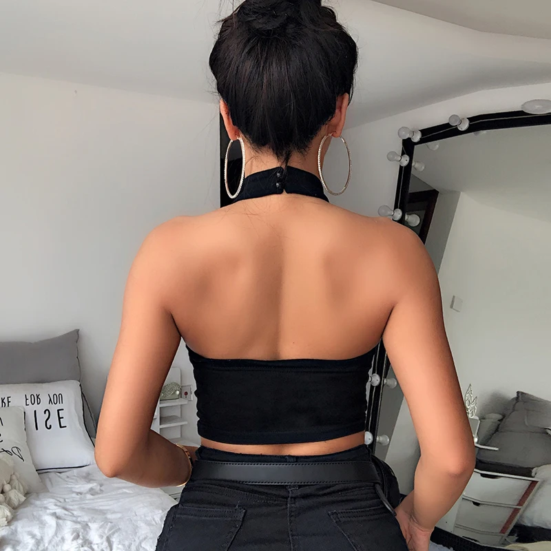 Summer Sexy Sleeveless Vest for Women Halter Hanging Neck Choker Chain Tube Tops Lady Slim Gothic Punk Crop Tops