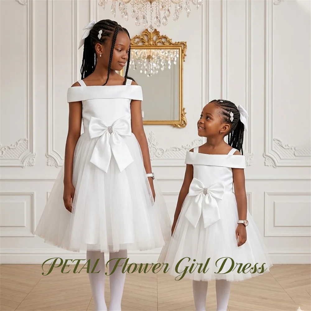 Petal Waist Bow With Rhinestone First Communion Gown A Line Girls Princess Dress White Evening Party Dress for Girls Customized