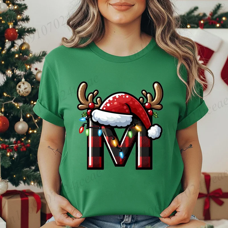 Vrouw Kerst Alfabet Grafische Print T-shirt Casual O-hals Mode Casual Zachte Kerstmuts met korte mouwen, Rendier Creatieve Tops