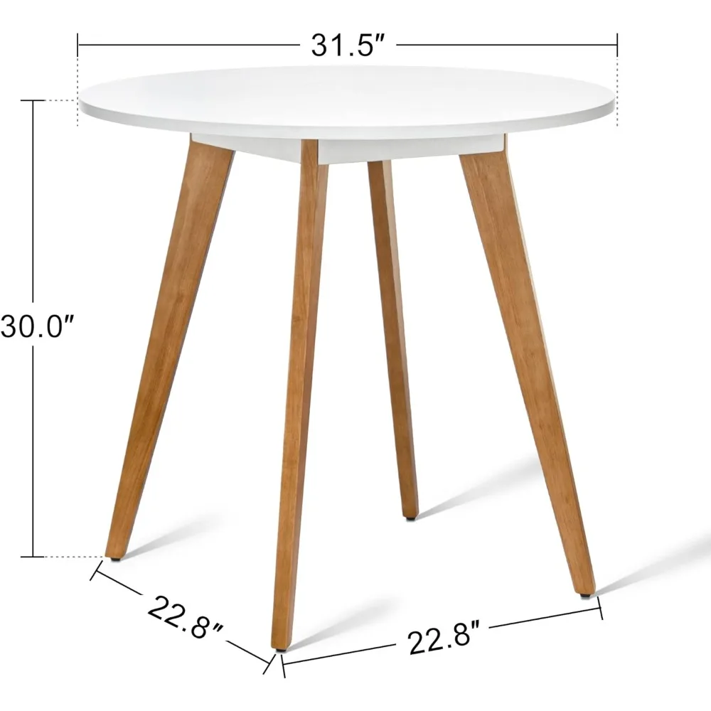 Table à manger ronde de 31.5 po, table de cuisine moderne avec dessus de table NW blanc et pieds en bois massif