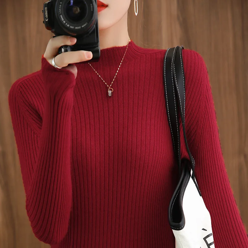 

Women Sweater 2023 Autumn Winter Slim Pullovers Long Sleeve Mock Neck Bottoming Shirts Fashion Korean Sweaters Warm Knitwears