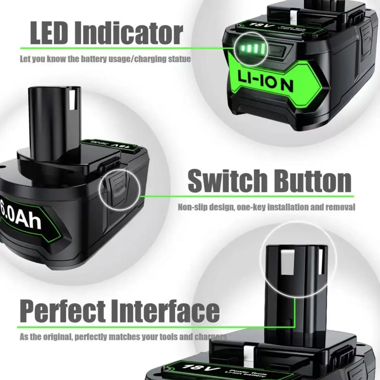 18V 6.0/12.8Ah RYOBI ONE+ high-performance lithium battery No memory effect, low self discharge, suitable for all ONE+tools