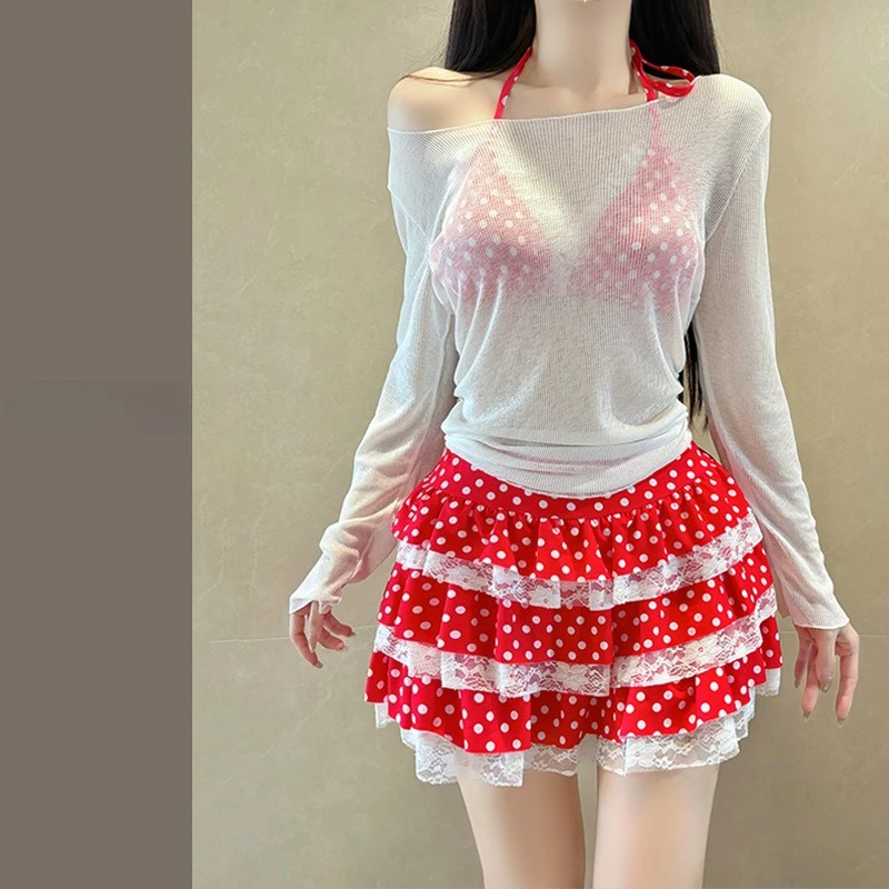 sexy vintage polka dot print bikinis sets 3pcs halter tie bikini white lace mini skirt swimsuit with long sleeve smock swimwear