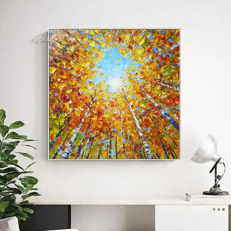 Handmade Yellow Orange Autumn Forest Landscape Thick Canvas Oil Painting Original Artwork Brich Tree Wall Art Decor For Room