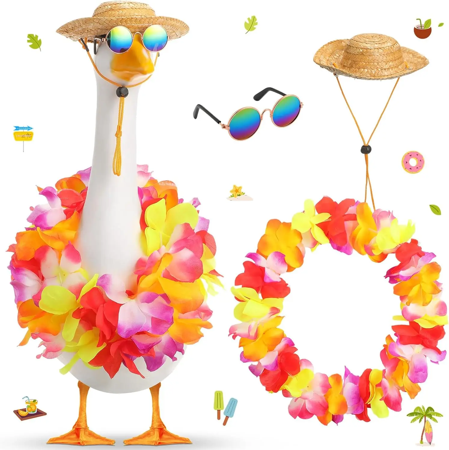 

Hawaii Festival Porch Goose Costume Set with Wreath Straw Hat And Sunglasses White Goose Holiday Decoration Accessories