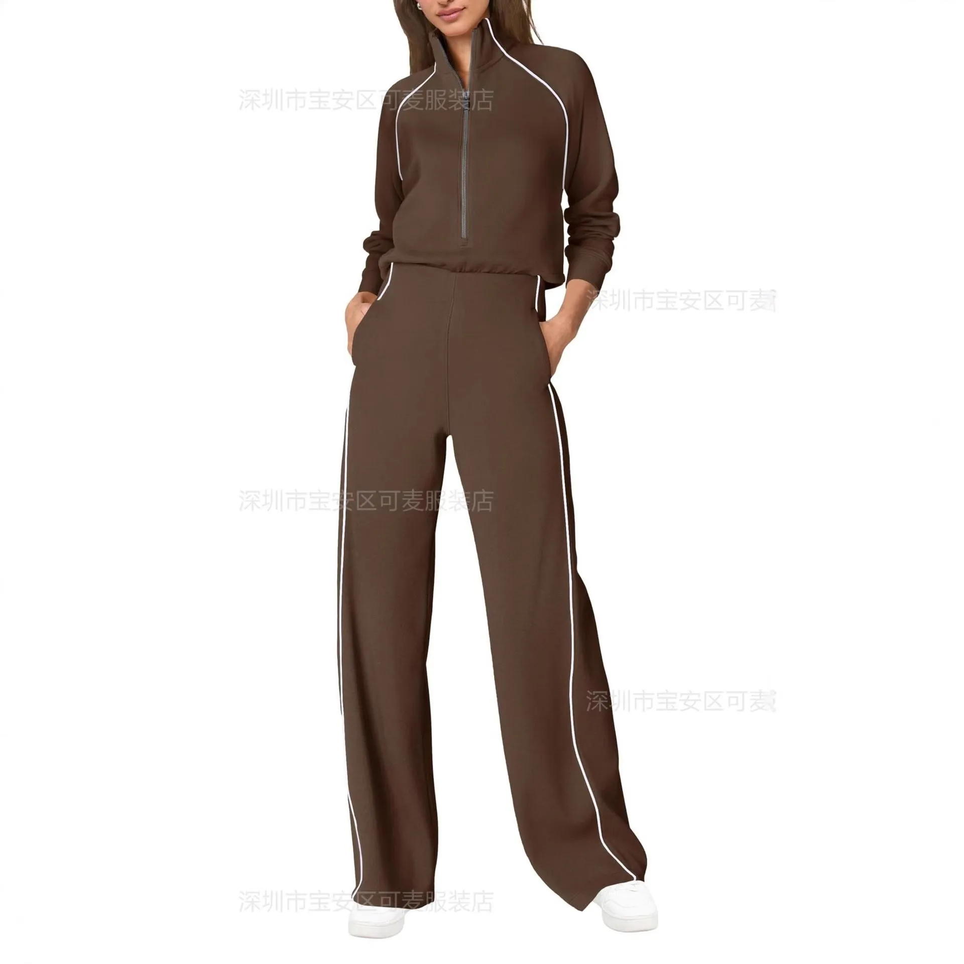 Women's And Sporty Woman Contrast Color Elastic Waist Straight Leg Mid Weight Wrinkle Resistant Jumpsuit with Regular Sleeve