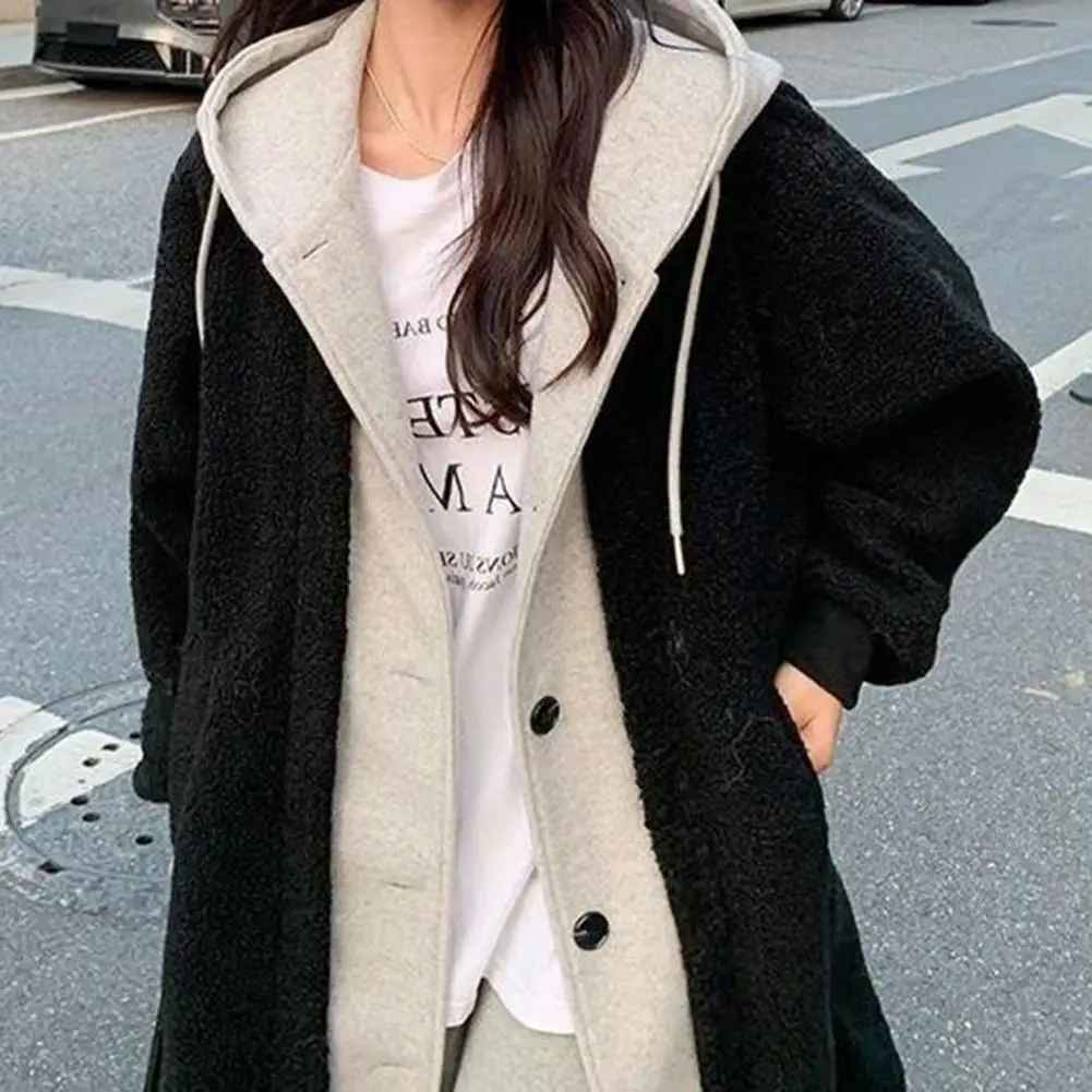 Loose Hem Jacket Fake Two-piece Coat Stylish Women's Winter Coat with Hood Colorblock Design Plush Warmth Knee Length for Cold