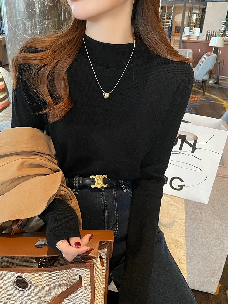 New White Mock Neck Knitted Knitwears Sweater Women Pullovers Long Sleeve Knit Sweater Pullover Women Tops Sueter Feminino Q2165