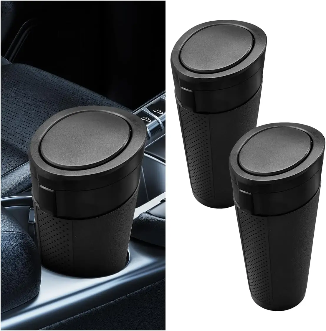 

Car Trash Can with Lid, Leakproof Mini Garbage Bin for Vehicle Cup Holder, Portable Auto Organizer (2PCS, Black)