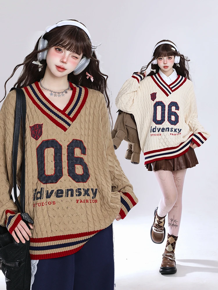 

Retro American V-ne Pullover Sweater Women's Autumn Winter Lazy Sle Design Loose Color Blo Knitwear Top