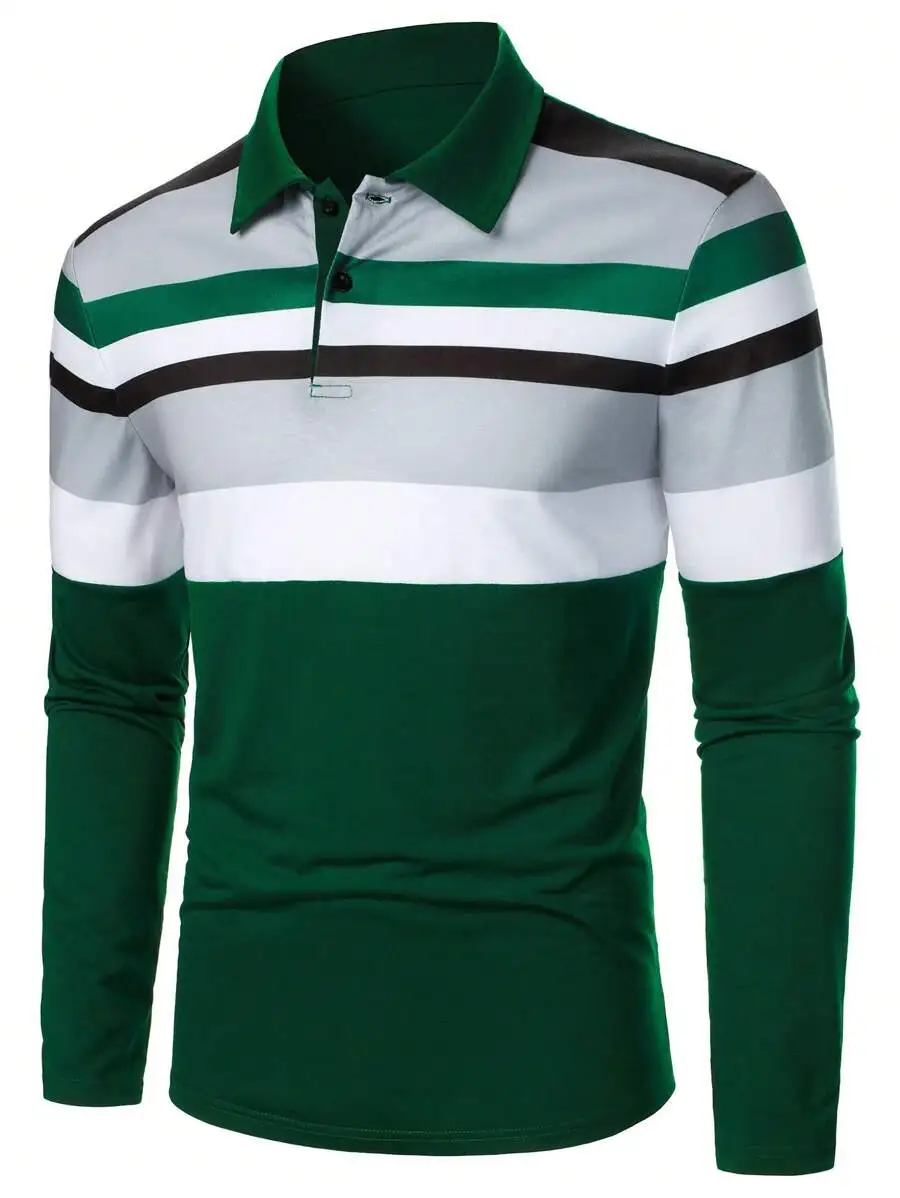 

Men's Long Sleeve Striped Polo Shirt in Green, White and Gray