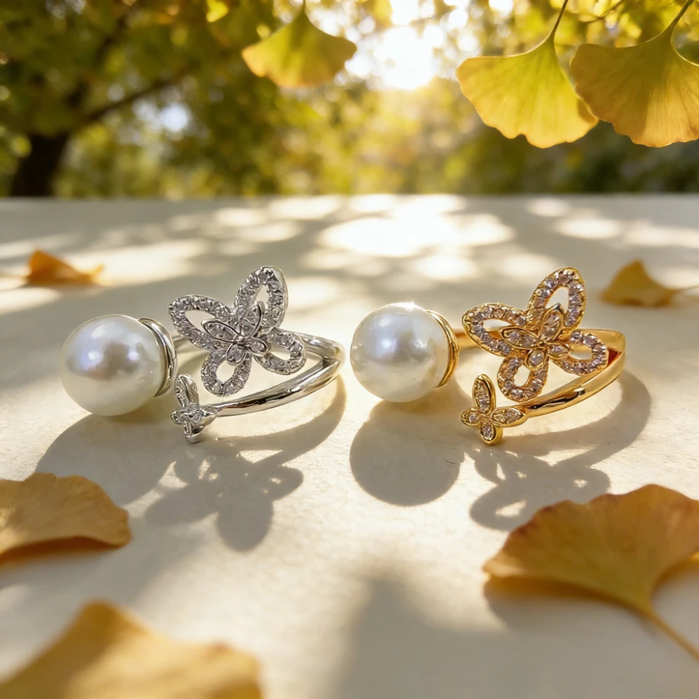 

Trendy 2026 Elegant Butterfly Pearl Open Adjustable Ring for Women Luxury Jewelry for Party Wedding Daily Wear