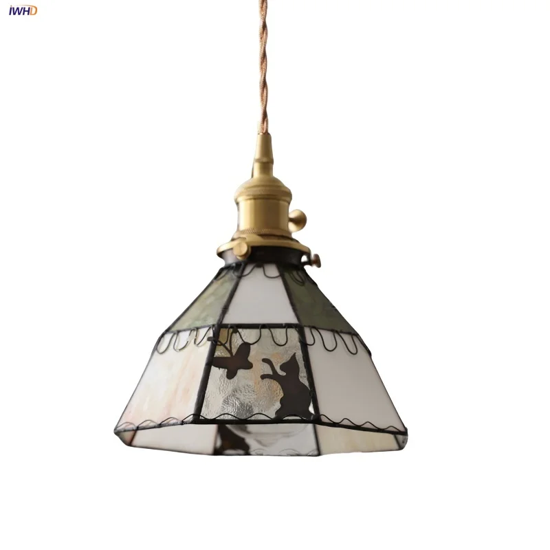 

IWHD Knob Switch LED Pendant Lamp Bedroom Kitchen Bar Cat Tiffany Glass Home Decor Nordic Modern Copper Hanging Lights Luminaire