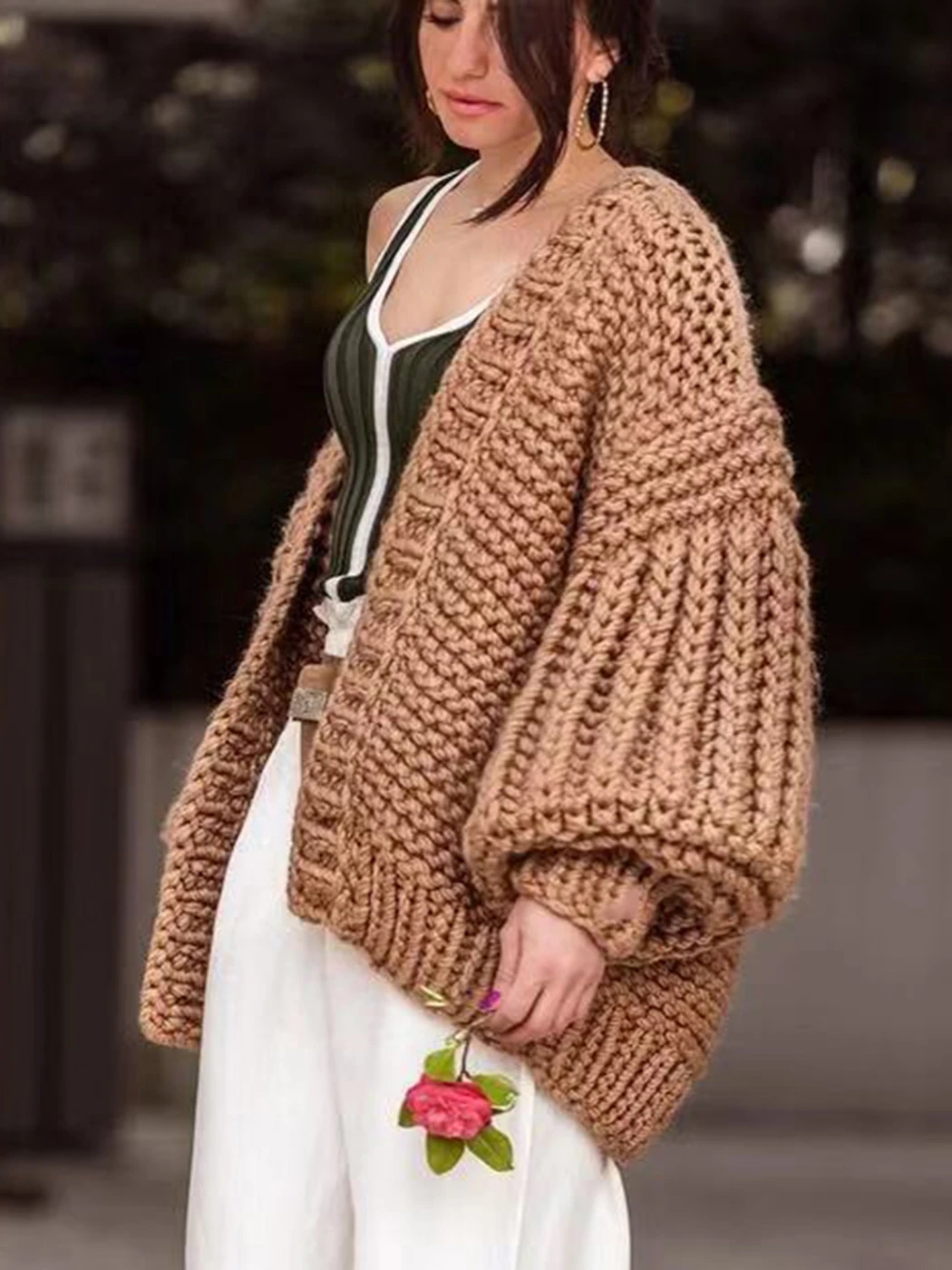 Jastie 2025 Autumn And Winter Sweater Cardigan Bohemian Style Hand-knitted Bat Lantern Sleeve Sweater Jacket Female Sweater