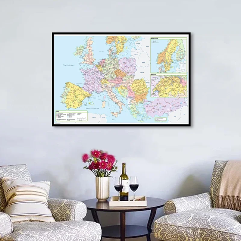 유럽 정치지도 벽 아트 포스터 장식 인쇄 프레임 없는 캔버스 그림, 가정 장식 학교 용품, 84*59cm