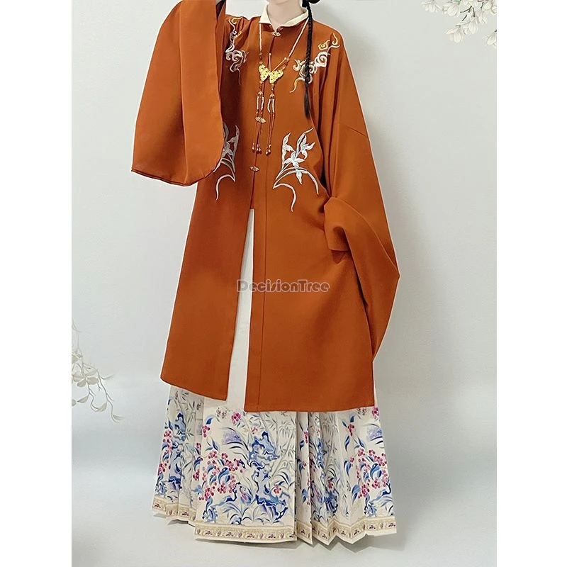 2024 chinese ming dynasty stand collar lapel big sleeve blouse embroidered one-piece skirt women loose elegant daily hanfu b167