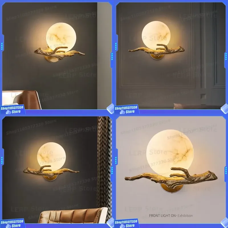 Classical Moon Design Brass Wall Lamp Copper Marble LED Sconce for Hotel Living Room Interior Decorative Lighting Fixture