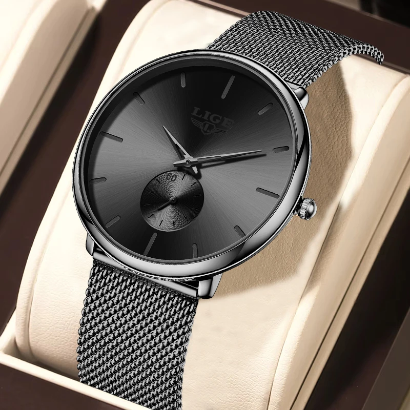

LIGE Classic Luxury Quartz Watch Fashion Ultra Thin Classic Simple Dial Steel Mesh Strap Waterproof Watches for Men Montre Homme