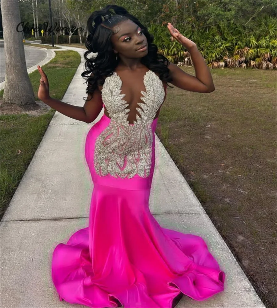 Nigerian Hot Pink Prom Dress Sexy Tight Mermaid Evening Gowns Floor Length O Neck Formal 20th Birthday Dance Dress Customized