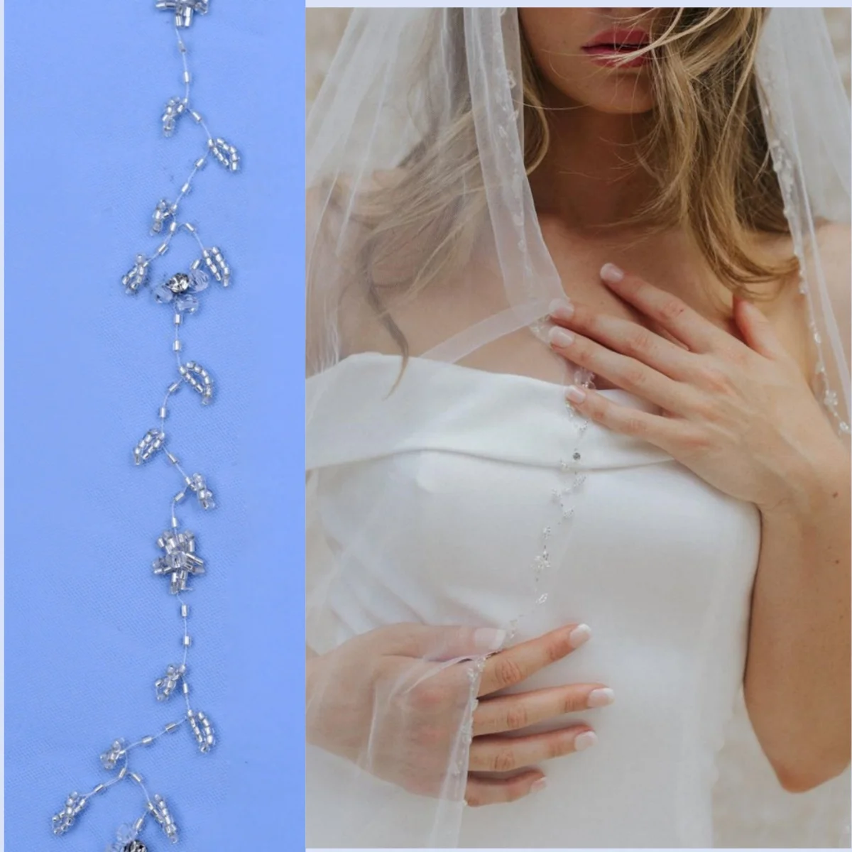 

TOPQUEEN V127 Wedding Veil with Crystals Edge Bridal Veils Crystal Leaves Vine Beaded Delicate 1 Tier Soft Wedding Accessories