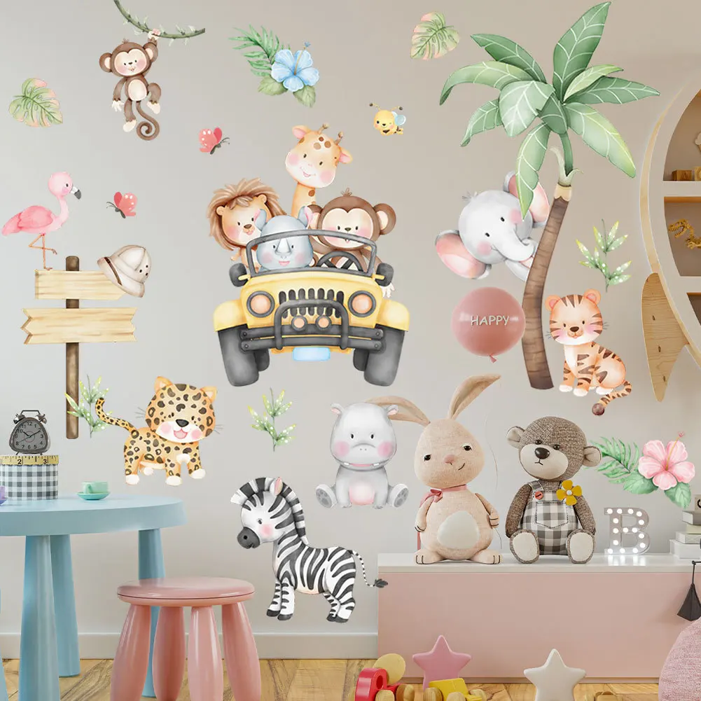 Kawaii Cartoon Forest Animals Wall Stickers for Children Boys Baby Room Decoration Elephant Giraffe Monkey Car Tree Wallpaper