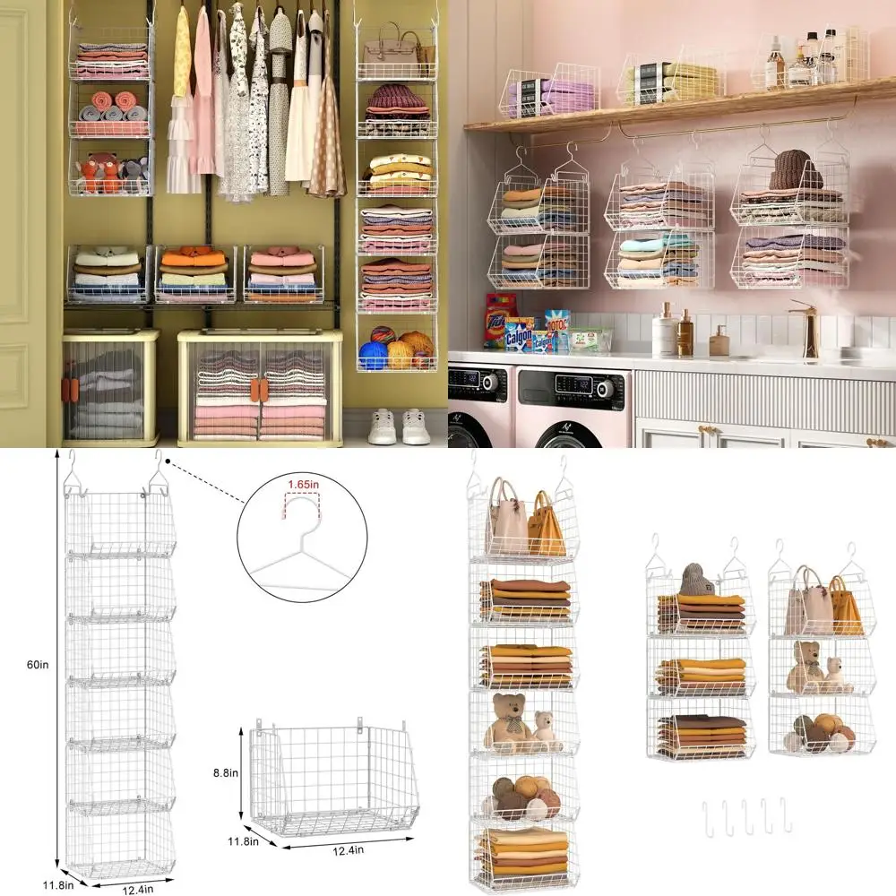 

Органайзер для шкафа X-cosrack, 6 ярусов, подвесные полки для одежды с 4 крючками и 5 S-образными крючками, проволочные корзины для хранения