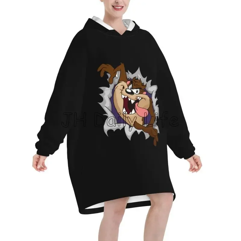 Tasmanian Devil Black Wearable Hoodie Blanket Women Flannel Oversized Pullover Sweatshirt Soft Warm Cozy Fleece Sherpa Blanket