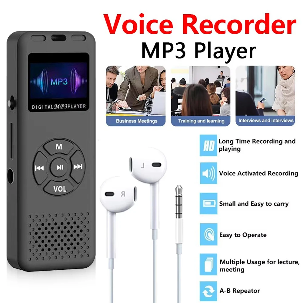 Digital Voice Recorder Dictaphone MP3 Player FM Radio 1.1'' LED Screen Built-in Speaker Support 64GB TF Card