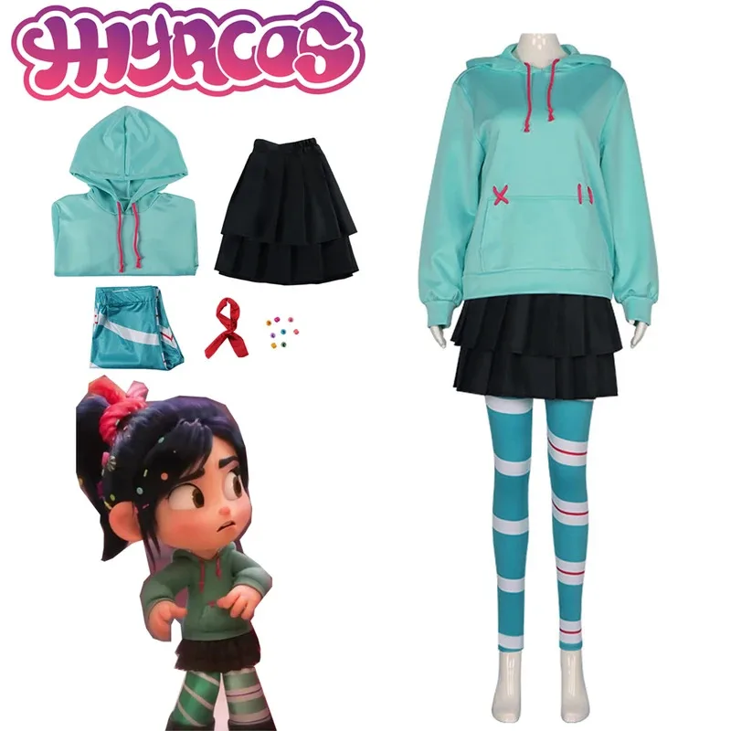 

2025 New Halloween Anime Vanellope von Cos Schweetz Cosplay Costume Wreck It Cos Ralph Suit Pants Halloween Outfits Clothes for