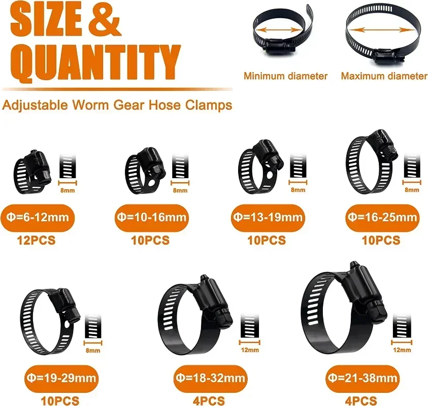 NEUE 60 stücke Schellen Edelstahl Einstellbare 6-38mm Bereich Schneckengetriebe Schwarz Schlauch Klemmen Kit Schellen für Holzbearbeitung frühling Klemme