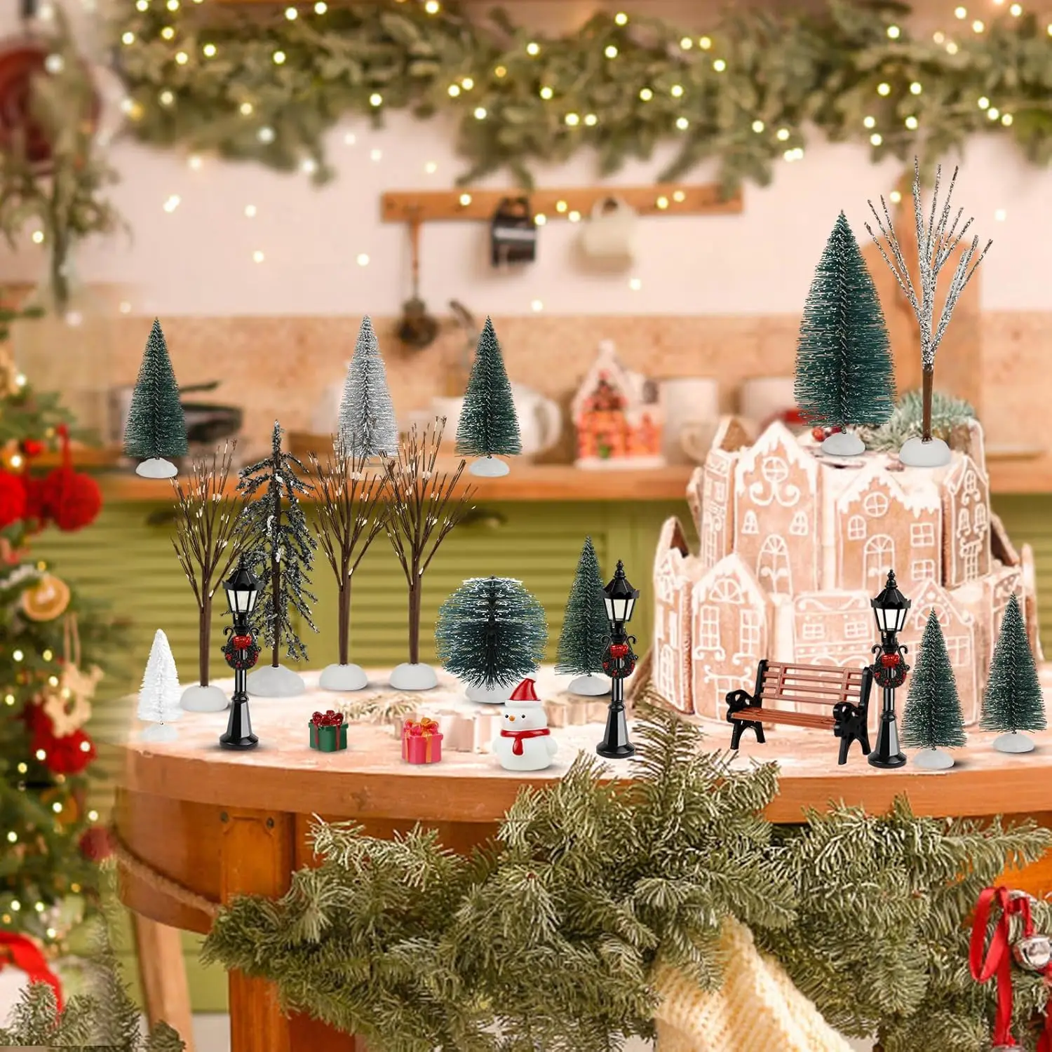 32 قطعة من إكسسوارات قرية عيد الميلاد: أشجار فرشاة الزجاجات، مقعد، ضوء المسار - ديكور صغير للعطلات بنفسك
